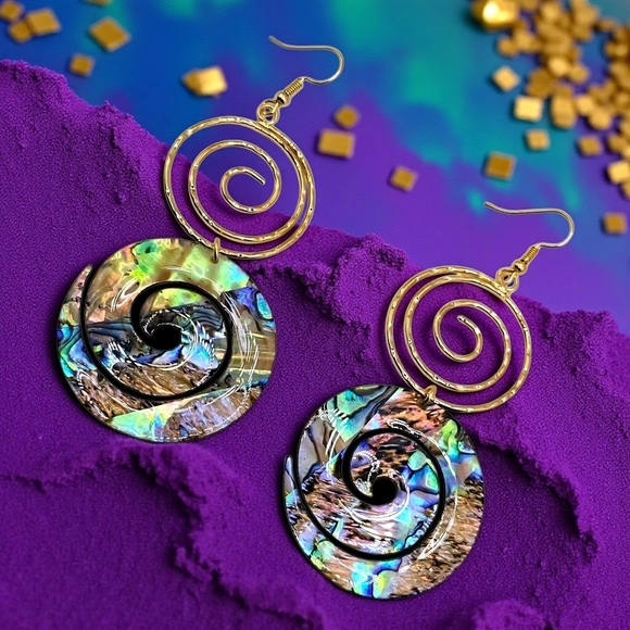 🆕️14K Gold Plated Spiral Abalone Shell Earrings | Lightweight Statement Dangles - Picture 1 of 9